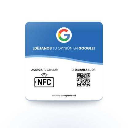 Placa Tapfama de acrílico con NFC y código QR para dejar opiniones en Google, vista de frente