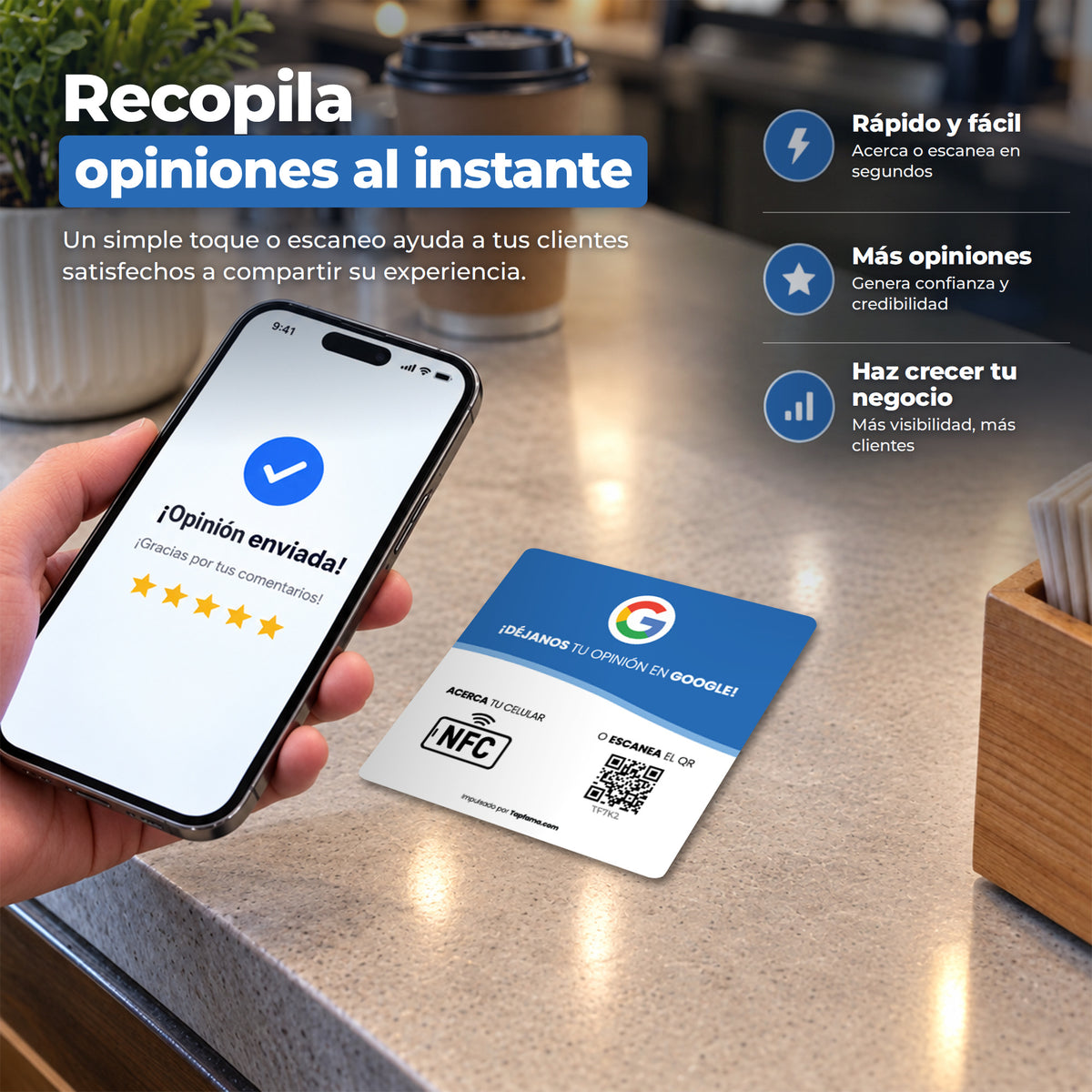 Placa Tapfama para recopilar opiniones en Google al instante con NFC o código QR