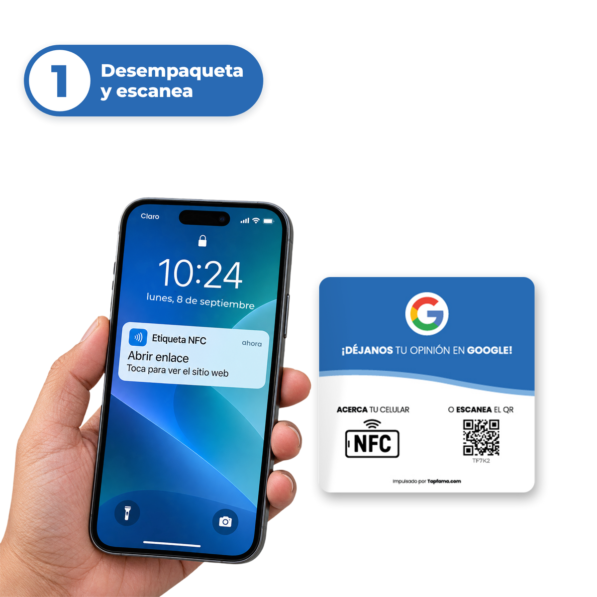Paso 1: desempaqueta tu placa Tapfama y acércale tu celular o escanea el código QR