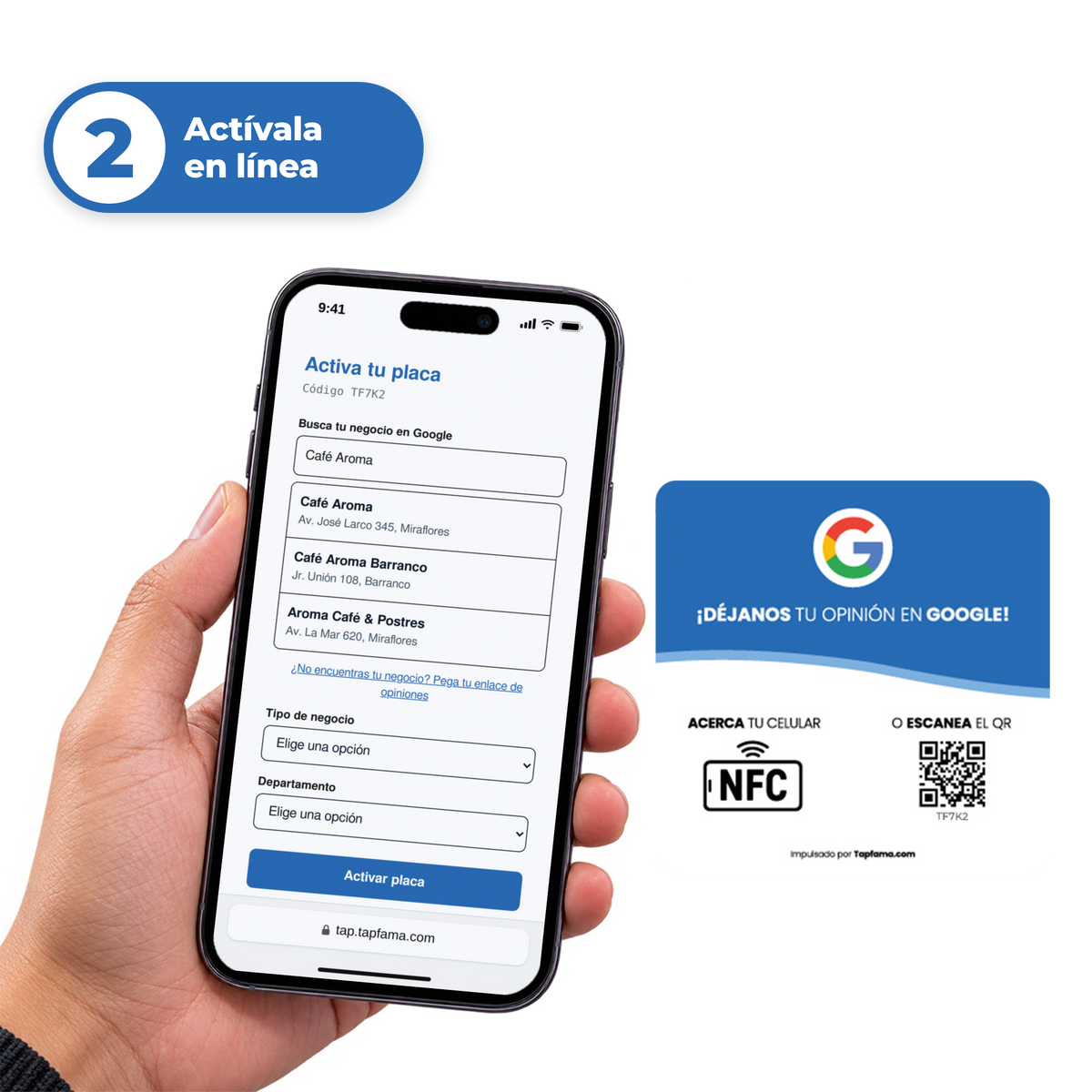 Paso 2: activa tu placa Tapfama en línea buscando tu negocio en Google